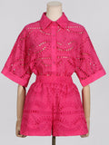 2025 New Embroidery Hook Design Medium Long-Sleeved Shirt Top + Casual High-Waist Shorts Fashion Two-Piece Set Of Women 68HZ
