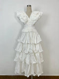 Spring And Summer 2024 New V-Neck Flying Sleeve Embroidery Splicing Wooden Ear Layer Mid-Long Dress Dress Australian Vacation 68HZ
