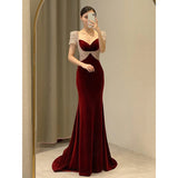 Toasting 2024 New Bride Wedding Red Velvet High Sense Light Small High-End Fish Tail Evening Dress Dress 68HZ