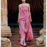 Naughty Fashion Show-Back Vintage Linen-Backed Lint-Slanted Shoulder-Hanging Neck Dress Dress Female Designer 68HZ