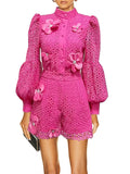 2025 New Design Embroidery Lace Fashion Suit Women Two Sets Of Lantern Sleeve Top + Casual Shorts Women 68HZ