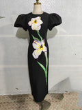 2025 Spring And Summer New Bubble Sleeves Waist Sticker Flower Embroidery Black Dress Women Fashion 68HZ