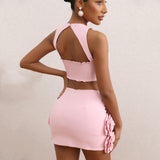 New Sexy Suit Top Hanging Neck Decoration Flower Skirt Temperament Women's High-End Short Dress Two Sets 68HZ