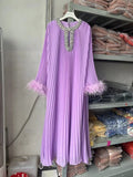 Spring And Autumn 2024 New Round-Necked Nail Pearl Feather Cuffs 100-Fold Loose Mid-Long Dress Dress Dress Women's Leisure 68HZ