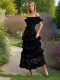 One-Word Shoulder-To-Shoulder-Backed T-Shirt Dress Woman 2025 Spring New Fashion Fashion Splicing Lace Waist Long Skirt 68HZ