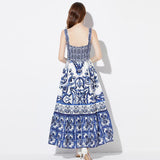 Holiday Blue And White Porcelain Beauty Sling Dress 2025 Summer Dress New Waist Pressure Folding Commuting Print Dress 68HZ