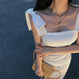 Temperament White Bows And Shoulders Sexy Annual Simple Elegant Dress Bodybling Buffet Dress Dress With 68HZ