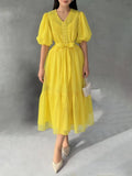 French Bubble Sleeves With A Thin And Lean Color Dress 2025 New Fold Design Long Dress Woman 68HZ