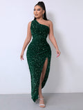 Direct Selling New Women's Clothing 2025 Spring Fashion Squin Single-Sleeve-Less Open-Fork Dress Solid Color 68HZ