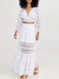 Australian Trendy Two-Piece Set 2025 New Fashion V-Neck Lace Embroidered Horn Sleeve Top + High-Waisted Long Dress 68HZ