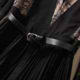 Sexy V-Neck Long-Sleeved Lace Splicing Black Irregular Swing Dress Spring And Summer Women's New 2024 68HZ