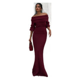 Solid-Colored Out-Shouldered Knitted Long Dress Stylish Sexy Body-Sucking Knitted Long Dress Dress 68HZ