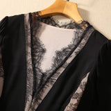 Sexy V-Neck Long-Sleeved Lace Splicing Black Irregular Swing Dress Spring And Summer Women's New 2024 68HZ