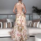 Sexy Women's New Stylish Elegant Fine Shoulder With Lotus Leaf Side V-Neck Print Dress 68HZ