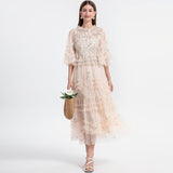 Smell Elegant Dress Woman 2025 French Heavy Industry Embroidered Flower Net Folded Pongy Over Knee Dress 68HZ