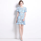 French Niche Temperament Light Blue Collar Lace Dress Water Drill Single Buckle Waist Skirt Woman 68HZ