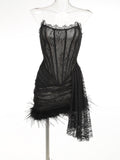 High-End Women's Sexy Lace Perspective Spliced Feather Girded Boobs Elegant Temperament Dress Dress 68HZ