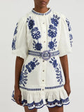 Art Style Single Row Buckle Bubble Sleeve Skirt 2025 New Retro Embroidery Sketch Design Short Dress Women's Summer 68HZ