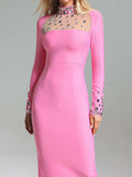 Autumn And Winter Long Sleeve Open Dress Burst Solid Color Mesh Yarn With Diamond Collar Repair Hip Dress Woman 68HZ