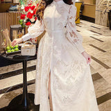 Spring 2025 New French Lace Embroidery Collar Bubble Sleeves To Close The Waist Thin Dress Temperament Long Dress 68HZ