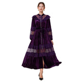 Court-Style Dress Women's French Retro Fashion Collar Pearl Single Buckle Lace Splicing Velvet Swoon Long Dress 68HZ