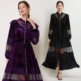 Court-Style Dress Women's French Retro Fashion Collar Pearl Single Buckle Lace Splicing Velvet Swoon Long Dress 68HZ
