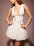 Summer New High-End Sexy Perspective Hollow Sleeveless Dress High Waist Repair V-Neck A Dress Woman 68HZ