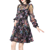 Small Collar Long-Sleeved Print Lotus Leaf Side Black Dress Fashion Holiday Style New Women's Spring And Summer 2025 68HZ