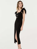 New Dress Square Collar Dress Elegant Bow Feathers Sleeveless Bandage Sexy Dress 68HZ