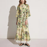 Literary Style Ticed With Waist Thin Collar Dress 2025 New Retro Print Design Long Dress Dress Women's Summer 68HZ