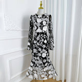 2025 Spring And Summer New French Heavy Industry Mesh Three-Dimensional Flower Embroidery Perspective Spliced Waist Repair Dress Dress 68HZ