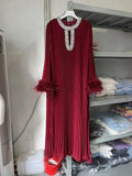 Spring And Autumn 2024 New Round-Necked Nail Pearl Feather Cuffs 100-Fold Loose Mid-Long Dress Dress Dress Women's Leisure 68HZ