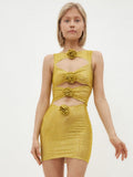 High-End Women's New Sexy Hollow Tight-Night Ass Flowers Decorative Dress Temperament Diamond Dress 68HZ