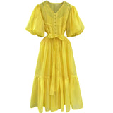 French Bubble Sleeves With A Thin And Lean Color Dress 2025 New Fold Design Long Dress Woman 68HZ