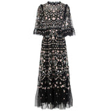 Heavy Industry Luxury Embroidery Nail Pearl Flying Sleeve Princess Long Black Dress Dress Summer Autumn Women's Dress New 68HZ
