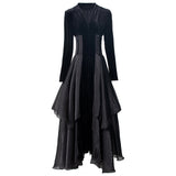 Velvet Stitching Tulle Sexy V Collar Long Sleeve Lotus Side Black Cake Dress Women's Spring 2025 68HZ