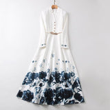 V-Neck Long Sleeve Rendering Printed White Long Dress + Belt Women's New 2025 68HZ