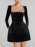 Famous Wind To Close The Waist Thin Dress 2025 New Temperament Square Collar Diamond Design Short Dress Woman 68HZ