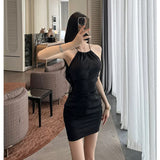 Sing Noodle Folded Wrinkled Sleeveless Neck Collar Dress Female Temperament Sexy Waist Repair Ass Skirt Dress Dress 68HZ
