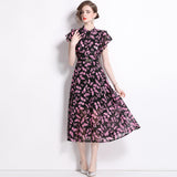High-End Knee Dress Women's Summer 2024 Temperament Lotus Leaf Sleeve Fashion Waist Thin Print V-Neck Dress 68HZ