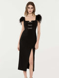 New Dress Square Collar Dress Elegant Bow Feathers Sleeveless Bandage Sexy Dress 68HZ
