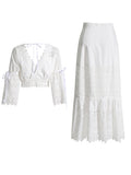 Australian Trendy Two-Piece Set 2025 New Fashion V-Neck Lace Embroidered Horn Sleeve Top + High-Waisted Long Dress 68HZ
