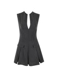 Ol Commuter Women's Fashion Dress Sexy V-Neck Suit Hundred Folded Dress Fish Bone Repair Sleeveless Dress Woman 68HZ