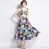 2024 Summer New Women's Retro Sleeveless Short-Wrapped Breast Sling + Printed High-Rise Half-Dress Two Sets 68HZ