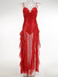 High-End Women's Perspective Sexy Sling Dress Dress Deep V Print High Open Fork Dress Dress 68HZ