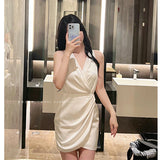 French Famous Temperament Design Small Silk And Satin Folded Waist Thin Dress Vneck Sleeveless Skirt 68HZ