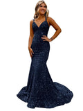 Lieling Ball Dress Body-Bagged Fishtail Small Tail Evening Dress Fine Shoulder-Band V-Neck Party Dress 68HZ