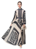 2025 Early Spring New Round Neck Lantern Sleeve Retro Black Print Waist 100 Folded Dress Dress Dress French 68HZ