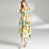 Short-Sleeved Print Dress 2025 Summer New Lapel Belt Repair Over Knee Skirt Yellow Dress 68HZ
