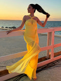 New Solid Color Sexy Hanging Neck Mesh Splicing Dress High-End Temperament Open Dress Dress Dress 68HZ